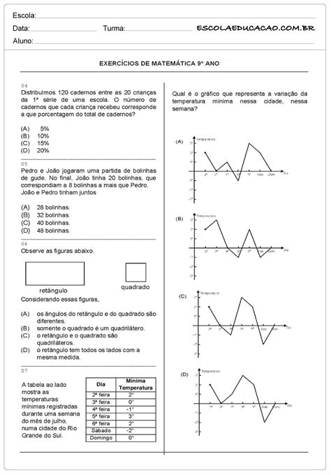 Atividades de Matemática 9º ano Atividades Educativas Escola Educação