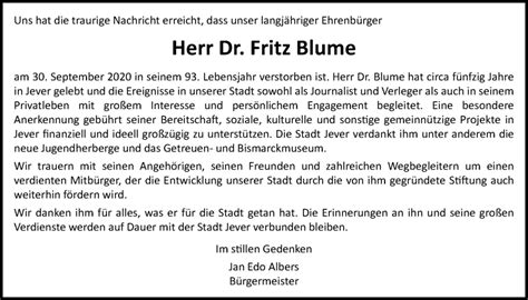 Traueranzeigen Von Dr Fritz Blume Nordwest Trauerde