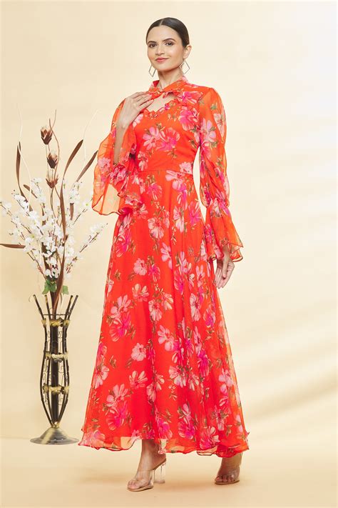 Buy Orange Chiffon Printed Floral Band Collar Gown For Women By