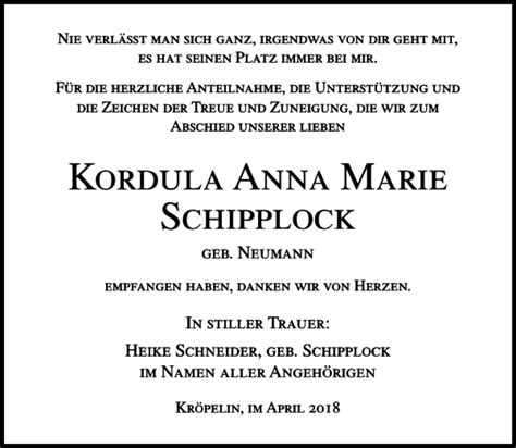 Traueranzeigen Von Kordula Anna Marie Schipplock Trauer Anzeigen De