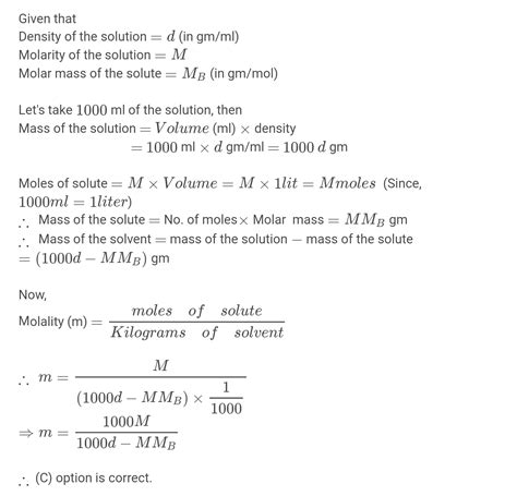 Jivi The Relation Between Molarity M And Molality M Is Given