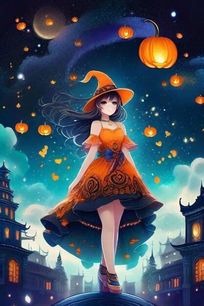 Premium AI Image | Gothic Starlight Elegance Anime Girl with Pumpkin Hat