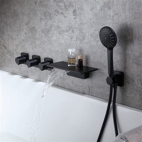 Luxury Modern Stylish Wall Mount Waterfall Bathtub Faucet With Hand Shower In Matte Black Solid