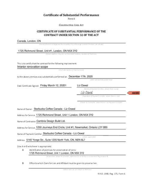 Fillable Online Form 6 Certificate Of Substantial Performance Xls Fax