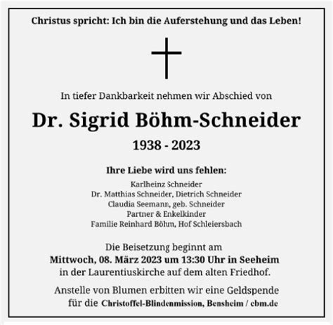 Traueranzeigen von Sigrid Böhm Schneider vrm trauer de