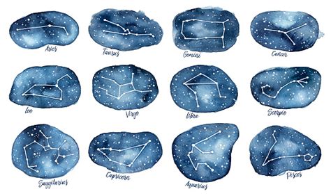 Set Of All 12 Zodiac Signs As Constellations In The Dark Starry Sky