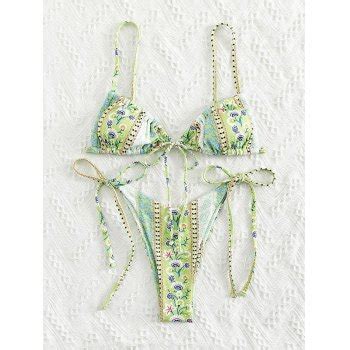 Emmiol Free Shipping Ethnic Floral Lace Up Bikini Set Sorbet Lime