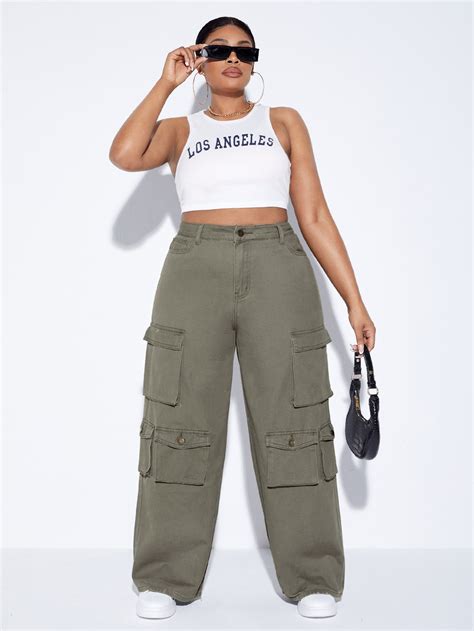 Shein Sxy Jeans Cargo De Talle Alto Con Bolsillo Con Solapa Moda De