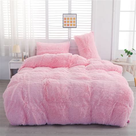 Chovy Faux Fur Plush Pink Comforter Cover Duvet Cover King 3pc Bed Set Ultra Soft