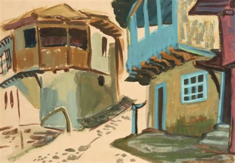 PEINTURE À LA gouache fauviste antique paysage de maisons EUR 93 95