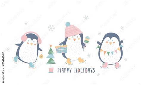 Happy Holidays Cute Penguins On White Background Greeting Card