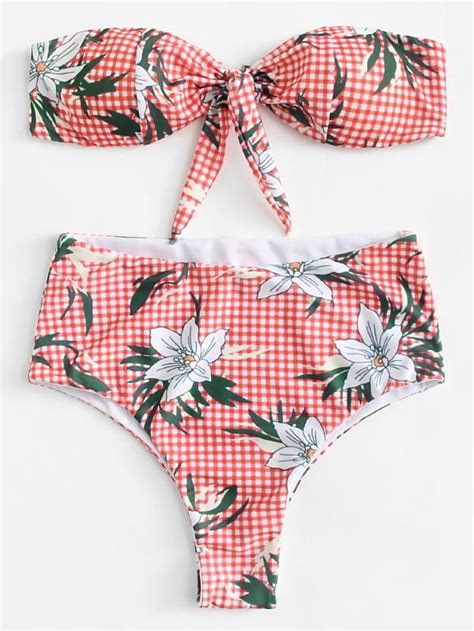 Plaid Flower Print Knot Front Bikini Set Shein Sheinside Bikinis