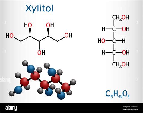 Xylitol, C5H12O5 molecule. It is polyalcohol and sugar alcohol, an alditol. Is used as food ...