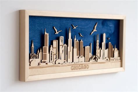 Chicago D Wall Art Framed Skyline Wooden Cityscape Layered Laser Cut