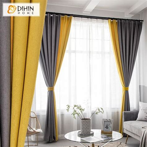 Dihin Home Modern Yellow And Grey Spliced Printed Blackout Grommet