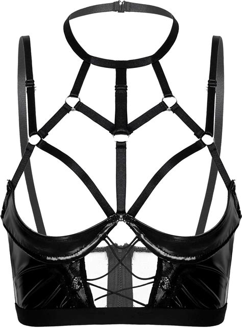 Amazon Msemis Woman S Patent Leather Strappy Halter Neck Bra Crop