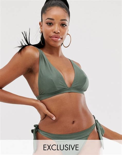 Asos Design Fuller Bust Exclusive Deep Plunge Bikini Top In Shiny Khaki