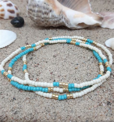 Turquoise Gold And Cream Seed Bead Elastic Stackable Anklet Etsy