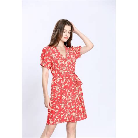 Floral Print Mini Dress With Wrapover Neckline Red See U Soon La