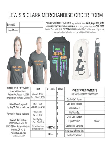 Fillable Online Graduate Lclark LEWIS CLARK MERCHANDISE ORDER FORM