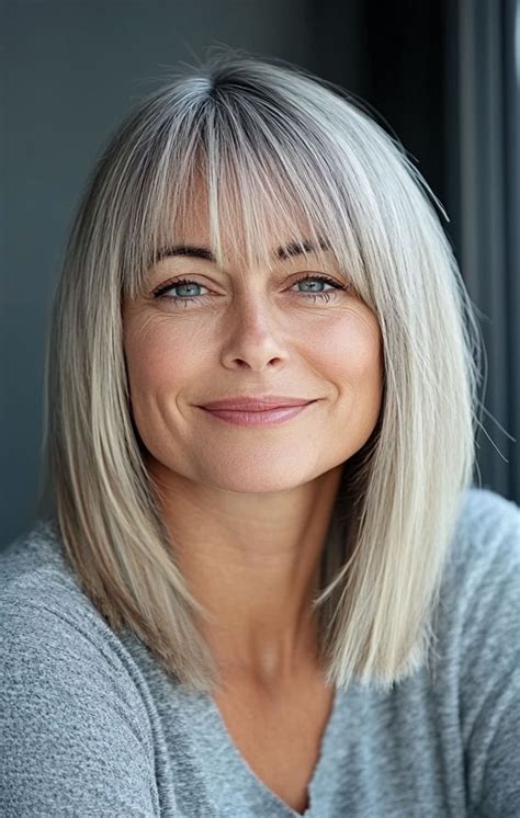 30 Long Bob Hairstyles With Fringe For Women Over 50 Soft Silver Long