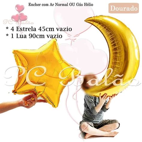 kit 5 Balão Metalizado 1 Lua 90cm 4 Estrela 45cm DOURADO Elo7