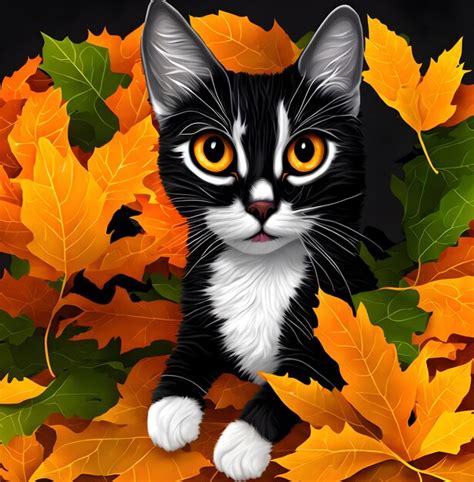 Premium AI Image | Black and white cat with fall leaves