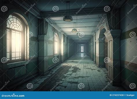 Corridor In Old Building Scary Dark Hallway In Abandoned Hospital