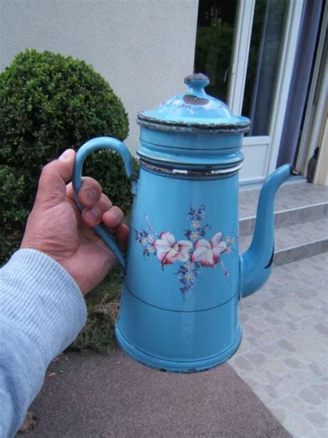 ANCIENNE CAFETIÈRE EN tôle émaillée décor de bouquet fleurs Art Nouveau