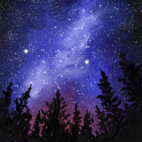 Hand Drawn Illustration Of Night Stars In Forest Wood Mountains Hills