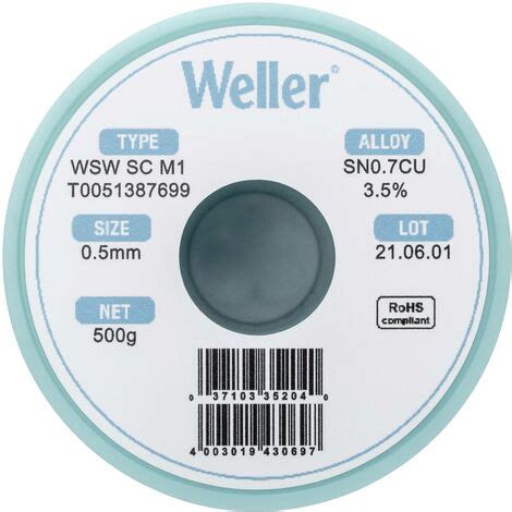 Étain à souder sans plomb Sn0 7Cu 0 5 mm Weller WSW SC M1 bobine 500 g