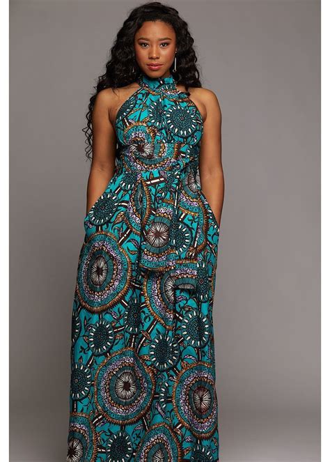 Ronke African Print Halter Maxi Dress Teal Flowers African Maxi