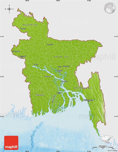 Physical Map of Bangladesh, single color outside