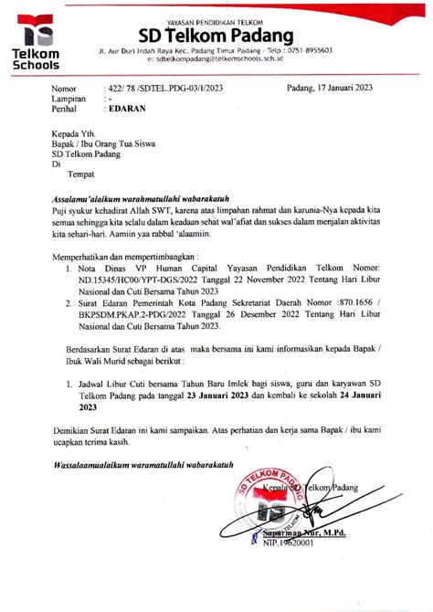 Surat Edaran Libur Cuti Bersama SD TELKOM PADANG