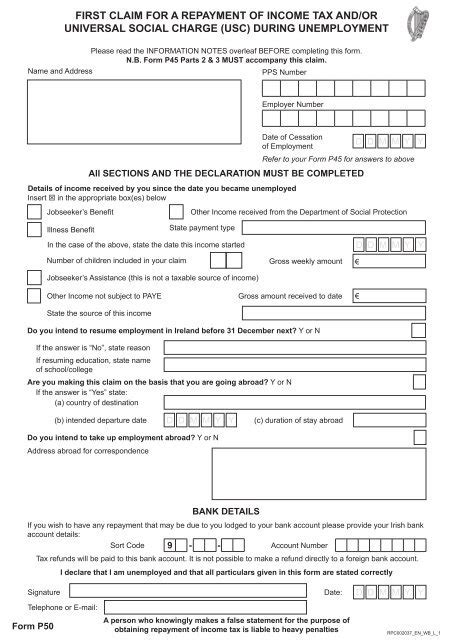 Form P50 First Claim For Tax Repayment During Unemployment