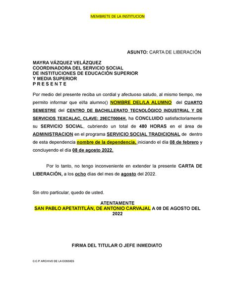 Carta Liberación ensayo requerido MEMBRETE DE LA INSTITUCION ASUNTO