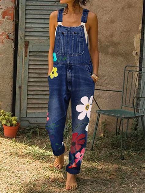 Women Fashion Denim Floral Print Jumpsuits Overalls Noracora