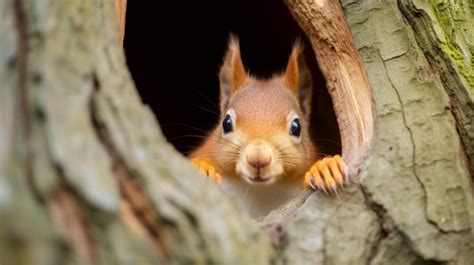 Neugieriges Eichhörnchen späht hinter den Baumstamm Premium KI