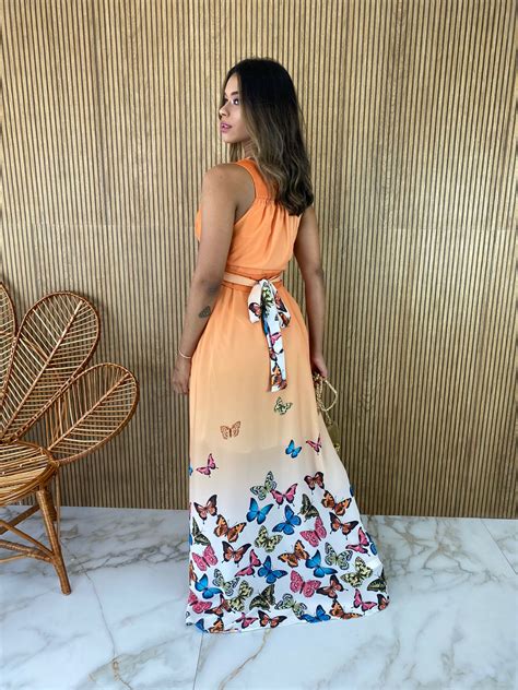 Vestido Longo Sem Bojo Estampado Borboletas Laranja Fernanda Ramos Store