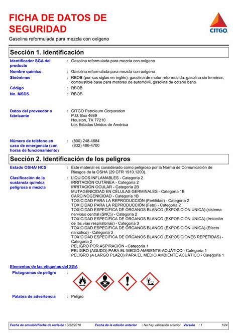 Pdf Ficha De Datos De Seguridadgasolina Reformulada Para Mezcla Con