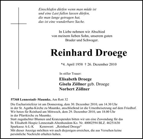 Traueranzeigen Von Reinhard Droege Trauer In Nrw De