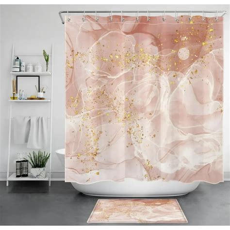 Gold Marble Shower Curtain Set Modern Abstract Bathroom Decor In Pink