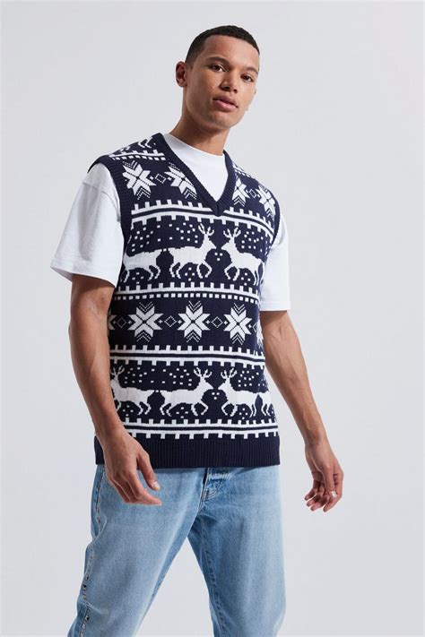 Mens Tall Reindeer Fairisle Christmas V Neck Vest Boohoo Uk