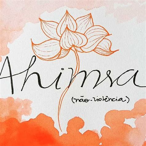 An Orange And White Painting With The Word Ahimsa Written In Cursive