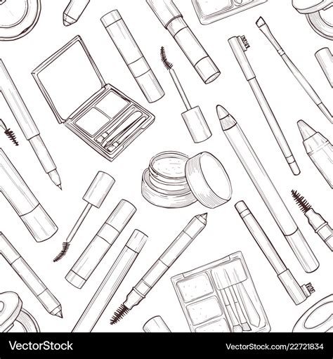 Seamless Pattern Of Sketch Set Makeup Products Vector Image