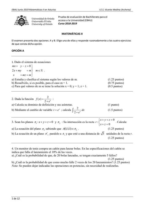 EBAU Matemáticas Asturias Exámenes y Soluciones 2024