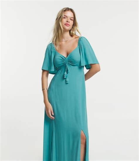 Vestido New Midi Em Viscose Franzidinho No Busto Azul