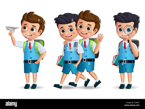 School Boys Vector Character Set Student Kids Holding School Items