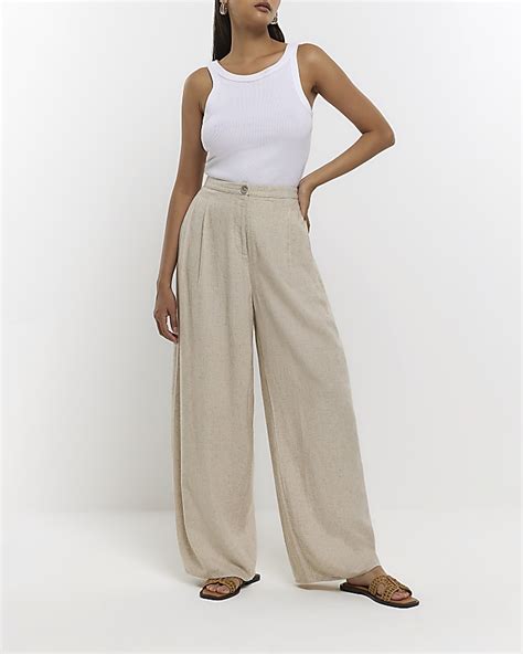 Stone Pleated Wide Leg Trousers With Linen River Island