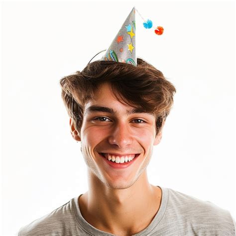 Smiling Guy Wearing A Party Hat On A White Background Premium Ai